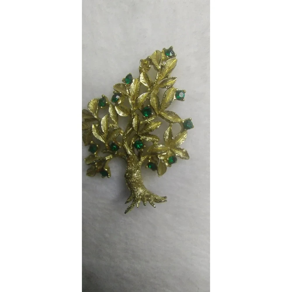 Dodds‎ Vintage Tree of Life Brooch Gold Tone Emerald Green Rhinestone Pin